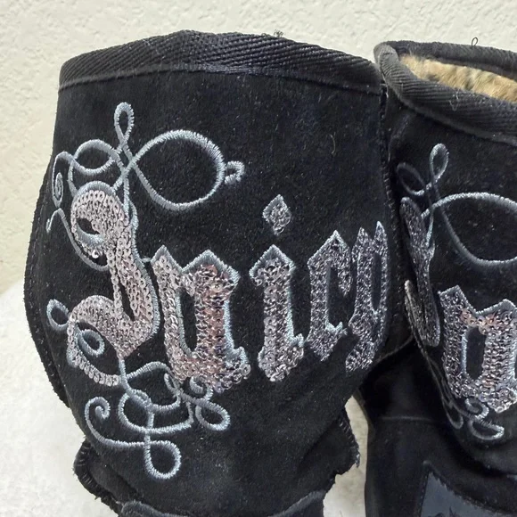 Juicy Couture Black Suede Boots Silver Sequin Juicy back faux fur lined Size 8 - Picture 6 of 12